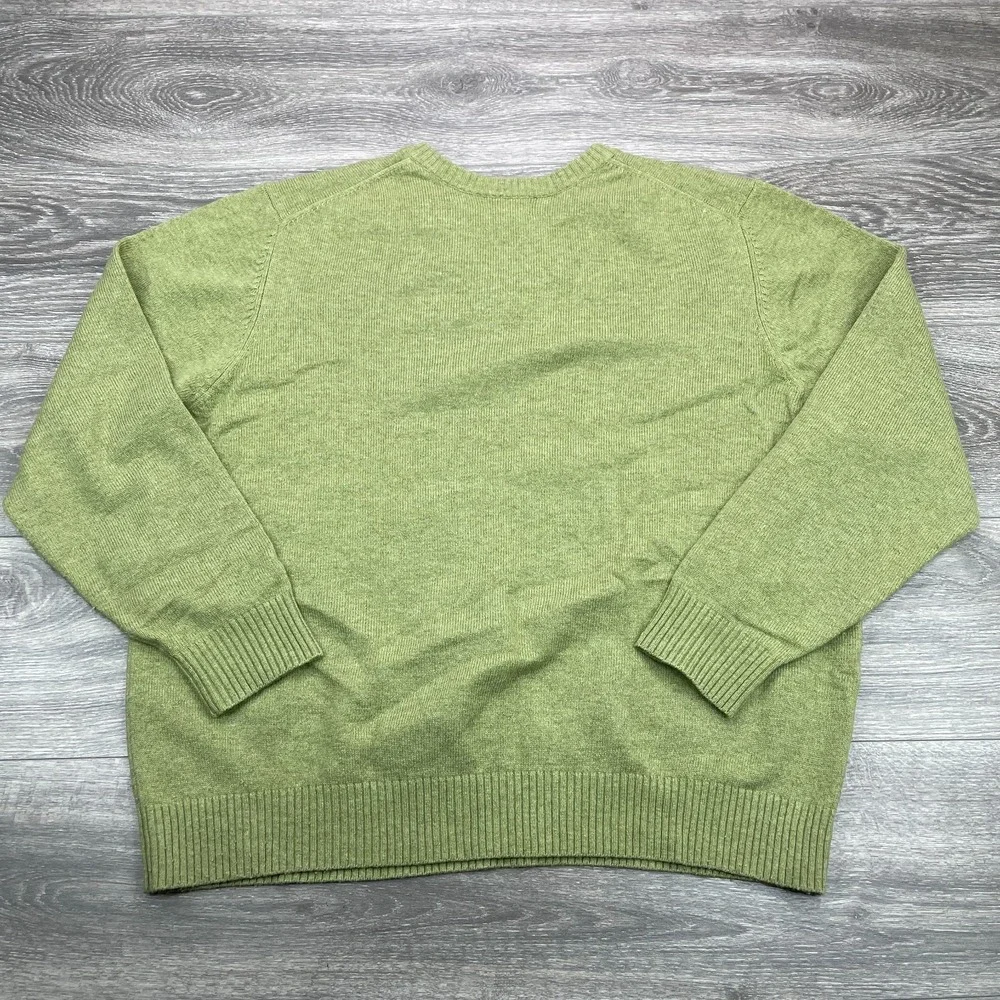 LL Bean Sweater Mens Large Green V Neck Lambswool Nylon Pullover Grandpa Vintage